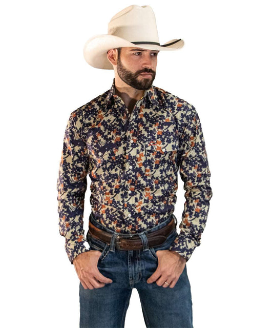 Camisa Vaquera Flores Marino Con Naranja CHH159