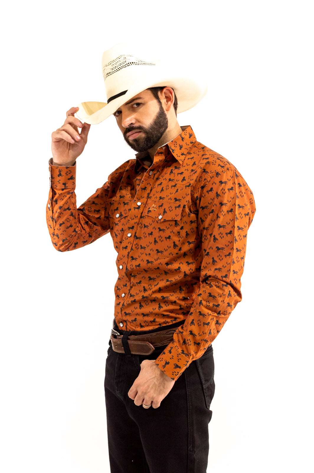 Camisa Vaquera Marrón Con Caballos CHH156