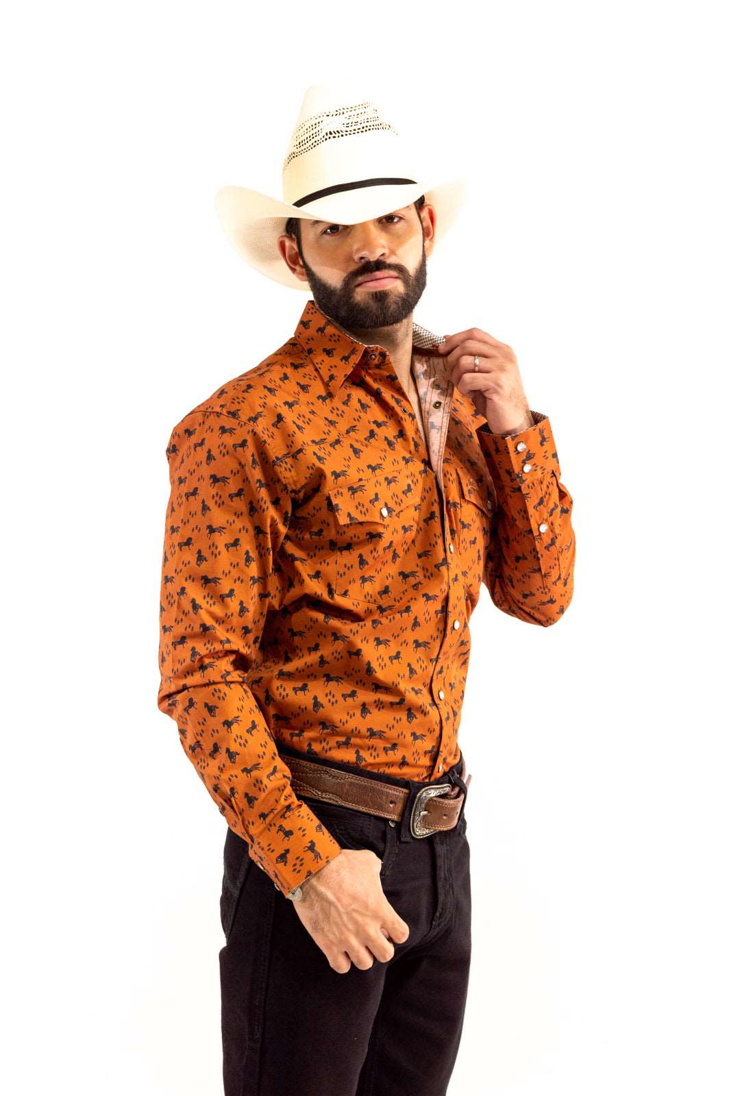 Camisa Vaquera Marrón Con Caballos CHH156