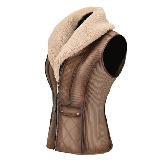 Chaleco Cuadra de piel de oveja acolchada marrón para mujer