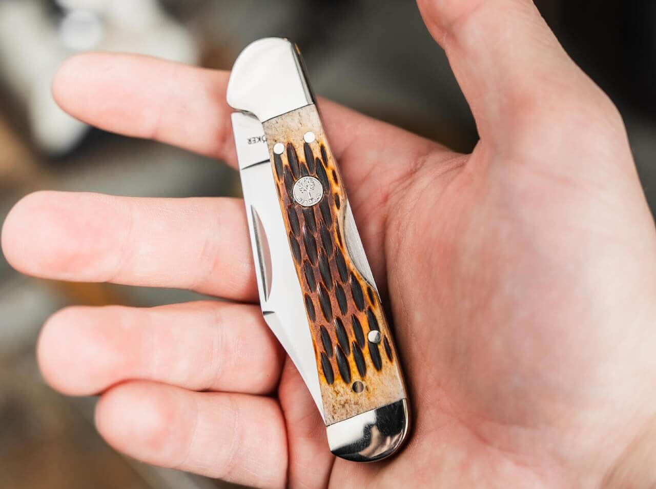 Navaja Boker Treebrand Copperhead Backlock Amber Jigged Bone